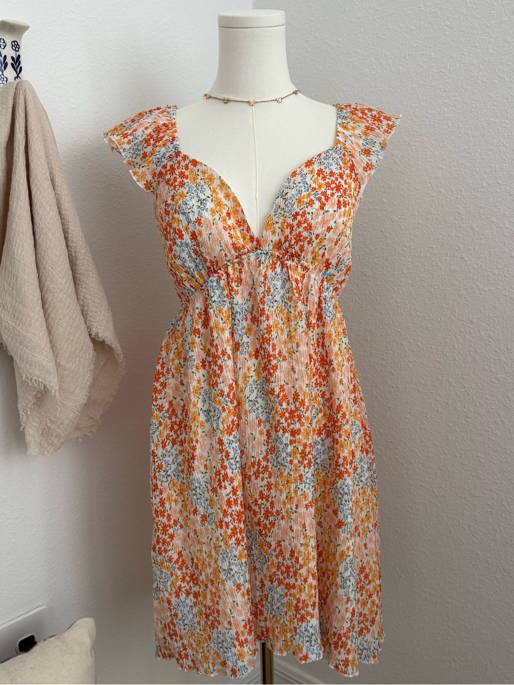Hesperus Floral Pleated Midi Dress Orange Blue Cottagecore Ruffle Large - Picture 2 of 6